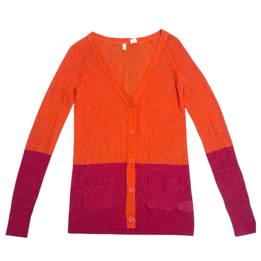 Anthropologie Moth orange and pink colorblock Pointelle Knit cardigan sweater XS - Picture 3 of 10